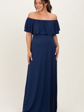 Pinkblush Maternity Navy Off Shoulder Ruffle Maxi Dress Formal Photos, XXL